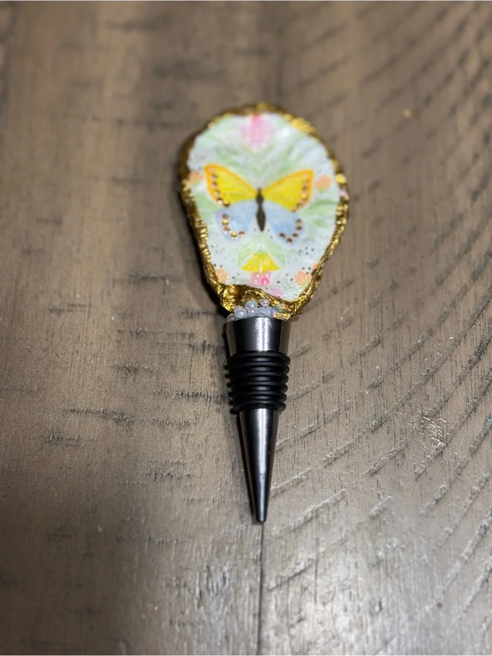 Hand-Painted Butterfly Oyster Wine Bottle Stopper – Yellow Accent